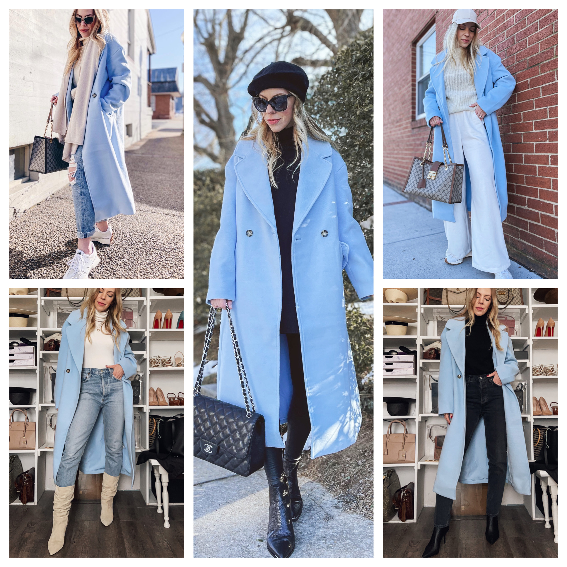 Модные образы на весну с голубым пальто и разной обувью