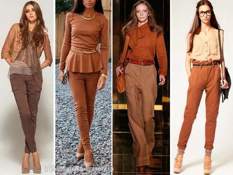 Образы с коричневыми брюками женский: кардиган с узором, рубашка с воланом, блуза с бантом