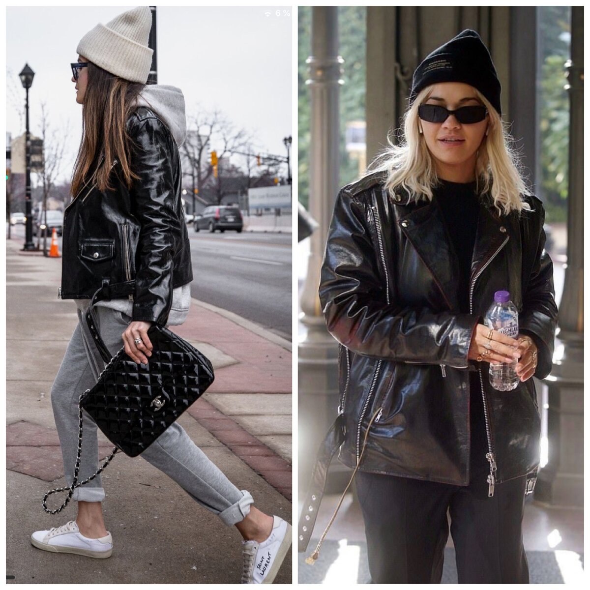 Стильные луки с кожаной курткой оверсайз и белыми кроссовками