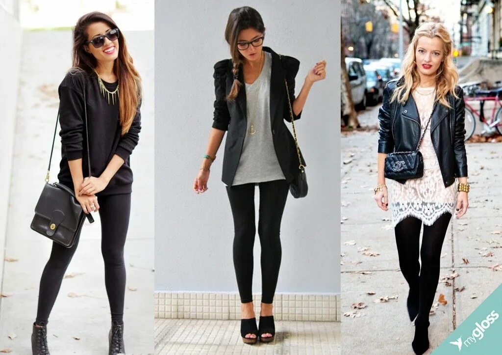 Женские образы с черными леггинсами и черным пиджаком